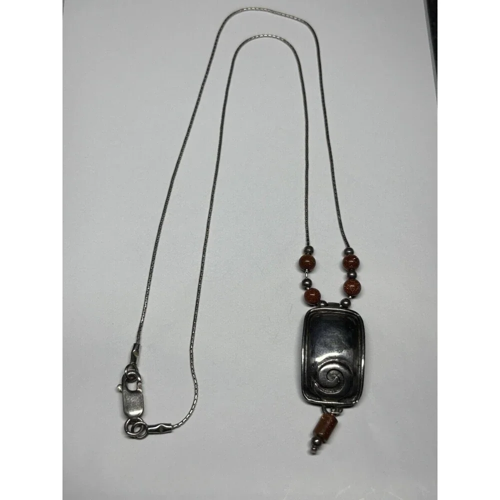 Vintage Silpada Sterling Silver 925 Goldstone Bead Swirl Pendant Necklace